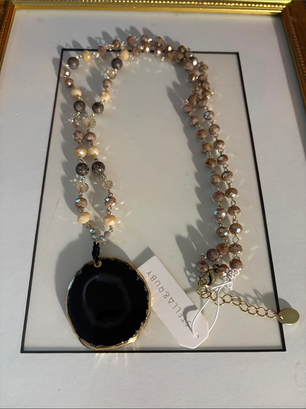 Stella & Ruby Black Agate Pendant Beaded Necklace - Neutral Tones